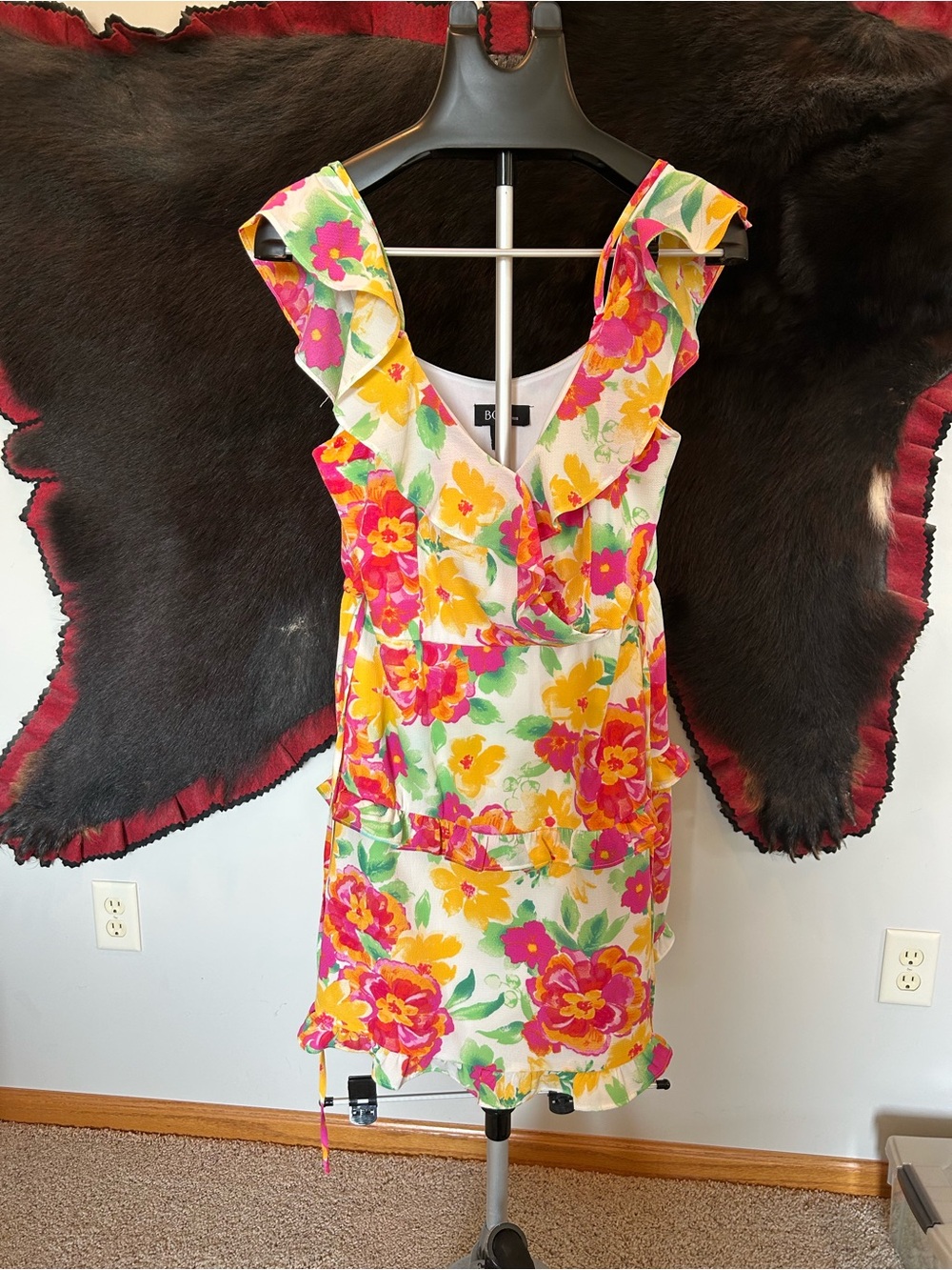 Women’s BCX Vibrant  Floral Ruffle Dresz in Yellow & Pink Sz L